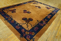 1920s Gold Floral Medallion Chinese Art Deco Carpet 9' x 11' 7" Knotted Wool Rug