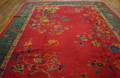 1920s Red Rust Floral Antique Chinese Art Deco Rug 9'x11' 8'' Woven Wool Carpet