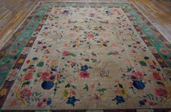 1920s Ivory Floral Antique Chinese Art Deco Carpet 9'2"x11'7" Knotted Wool Rug