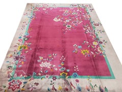 1920s Pink Floral Modern Antique Chinese Art Deco Rug 9'0''x11'4'' Wool Carpet