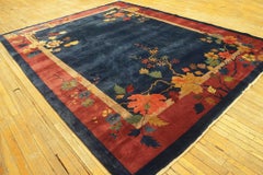 1920s Blue Vase Modern Antique Chinese Art Deco Carpet 9'x11'8" Knotted Wool Rug