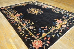 1920s Black Bamboo Floral Antique Chinese Art Deco Rug 9'0" x 12'0" Wool Carpet