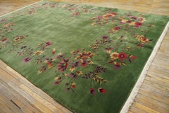 1920s Green Open Field Floral Antique Chinese Art Deco Carpet 9x14'2" Wool Rug