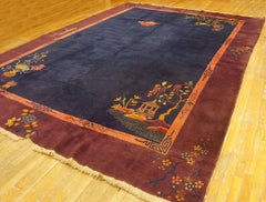 1920s Navy Open Field Vase Antique Chinese Art Deco Carpet 9'10"x13'6" Wool Rug