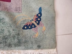1920s Fuchsia Soft Green Antique Chinese Art Deco Carpet 9'2" x 11'8" Wool Rug