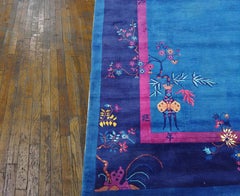 Great Blue Background Color With Floral Design Antique Chinese Art Deco Rug