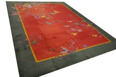 1920s Red Floral Antique Chinese Art Deco Rug 9'2"x11'8" Handknotted Wool Carpet
