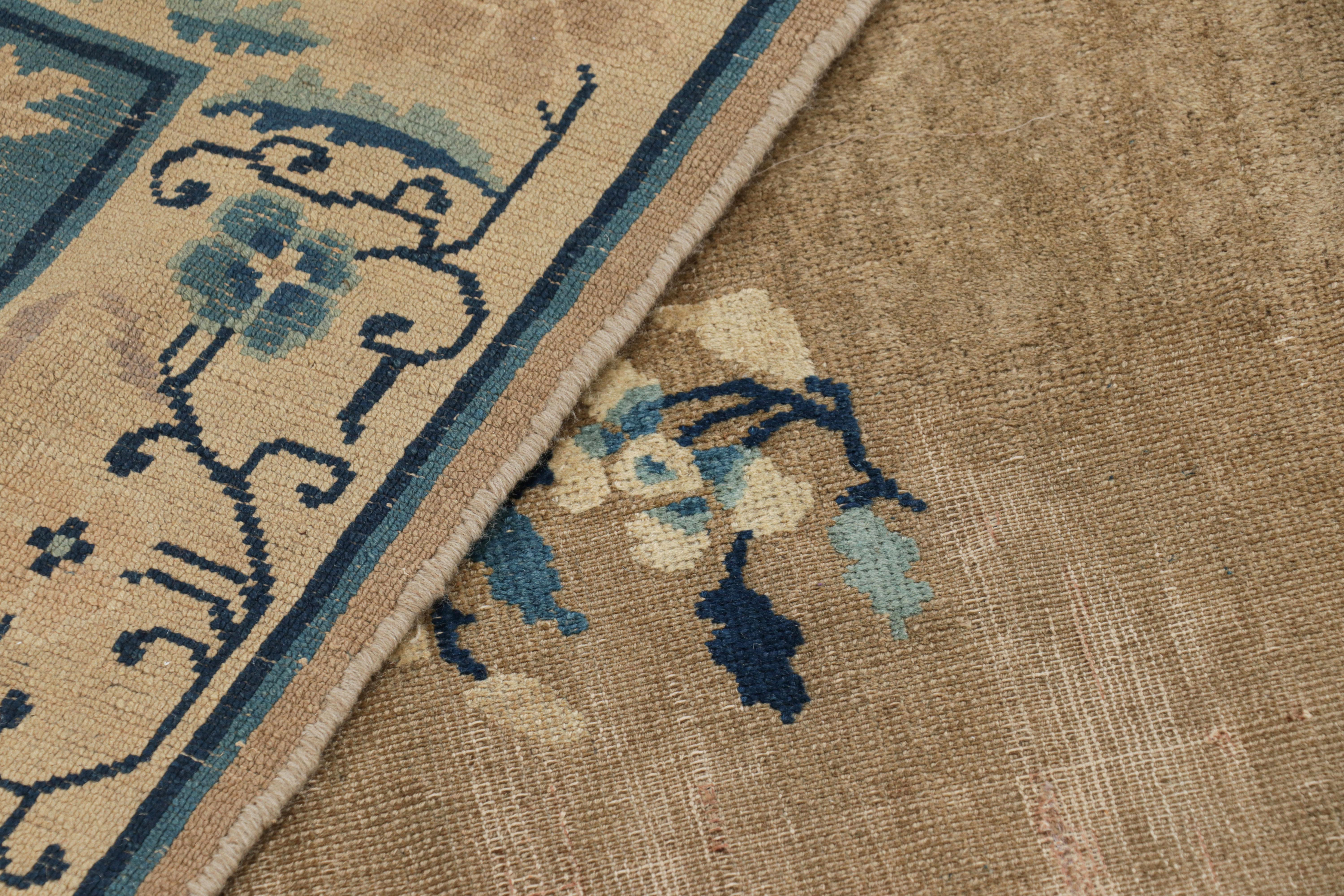 Lana Tappeto antico cinese Art Deco, beige e blu con motivi floreali - Rug & Kilim in vendita
