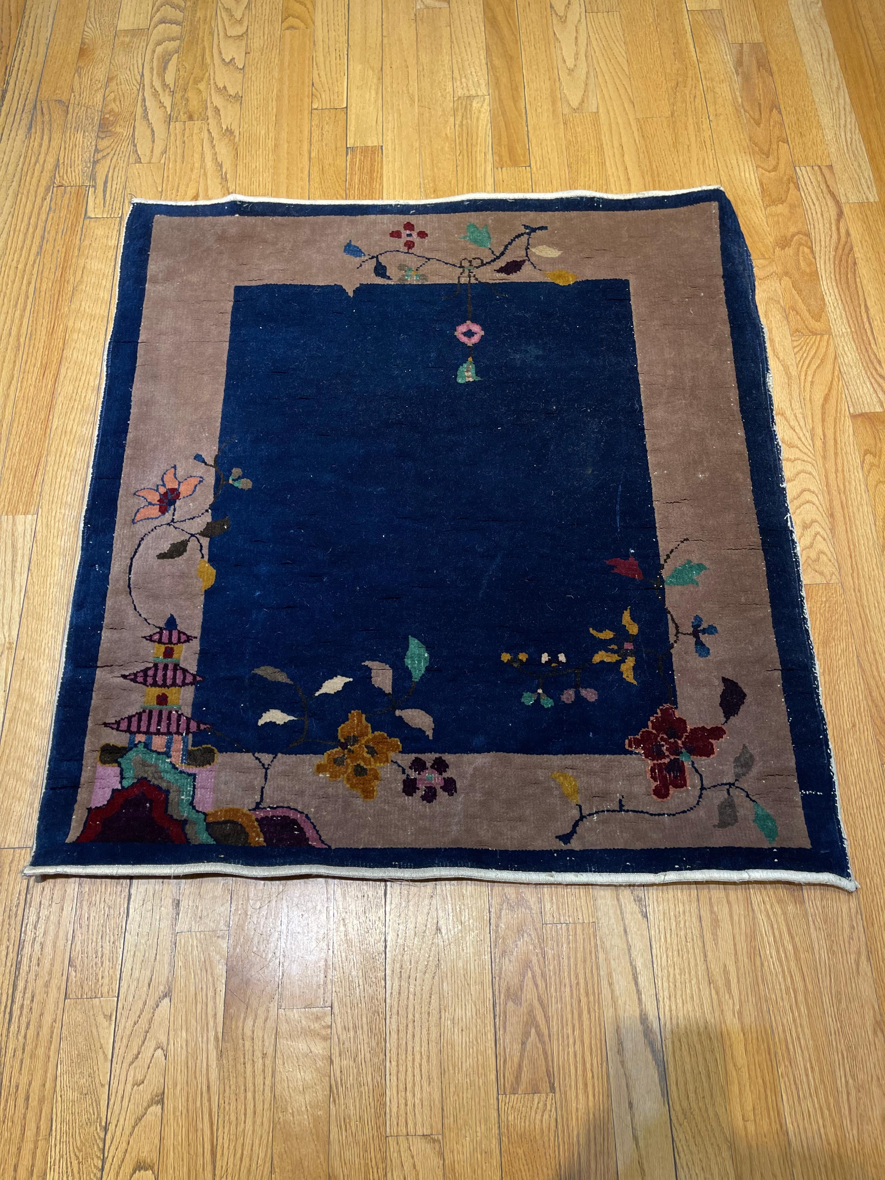 Vegetable Dyed Antique Chinese Art Deco Rug, circa 1920 For Sale