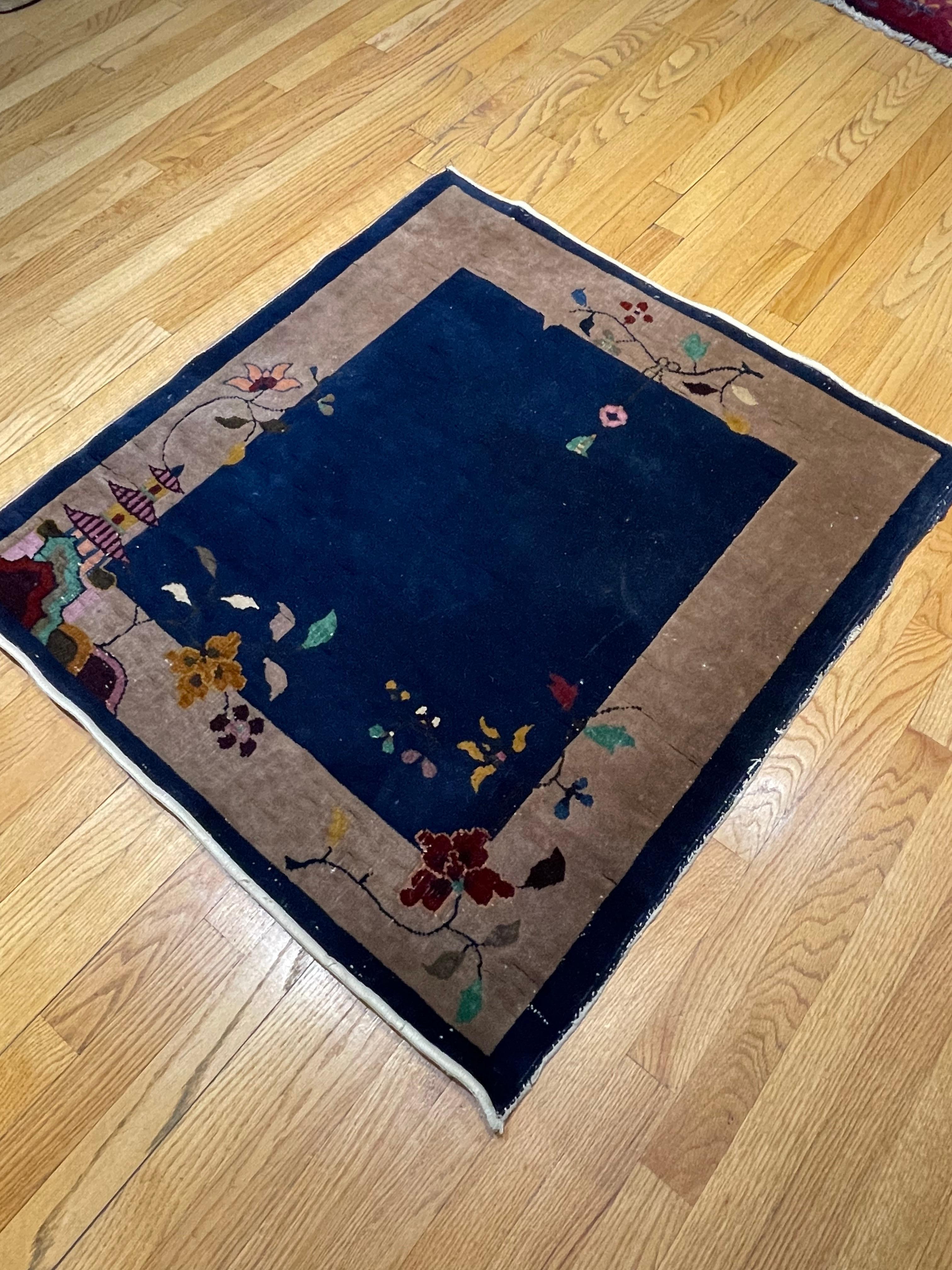 Wool Antique Chinese Art Deco Rug, circa 1920 For Sale