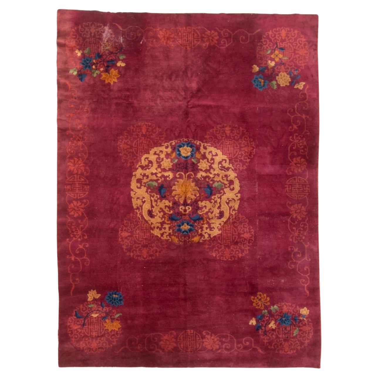 Antique Chinese Art Deco Rug circa 1920 8.6x11.6 For Sale