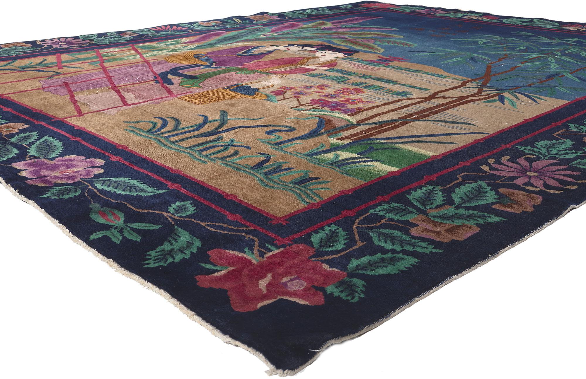 78614 Antique Chinese Art Deco Rug, 08'10 x 11'06. 
Emulating maximalist style with opulent detail work and lavish texture, this antique Chinese Art Deco rug is a captivating vision of woven beauty. The Chinese folklore and vibrant colorway woven
