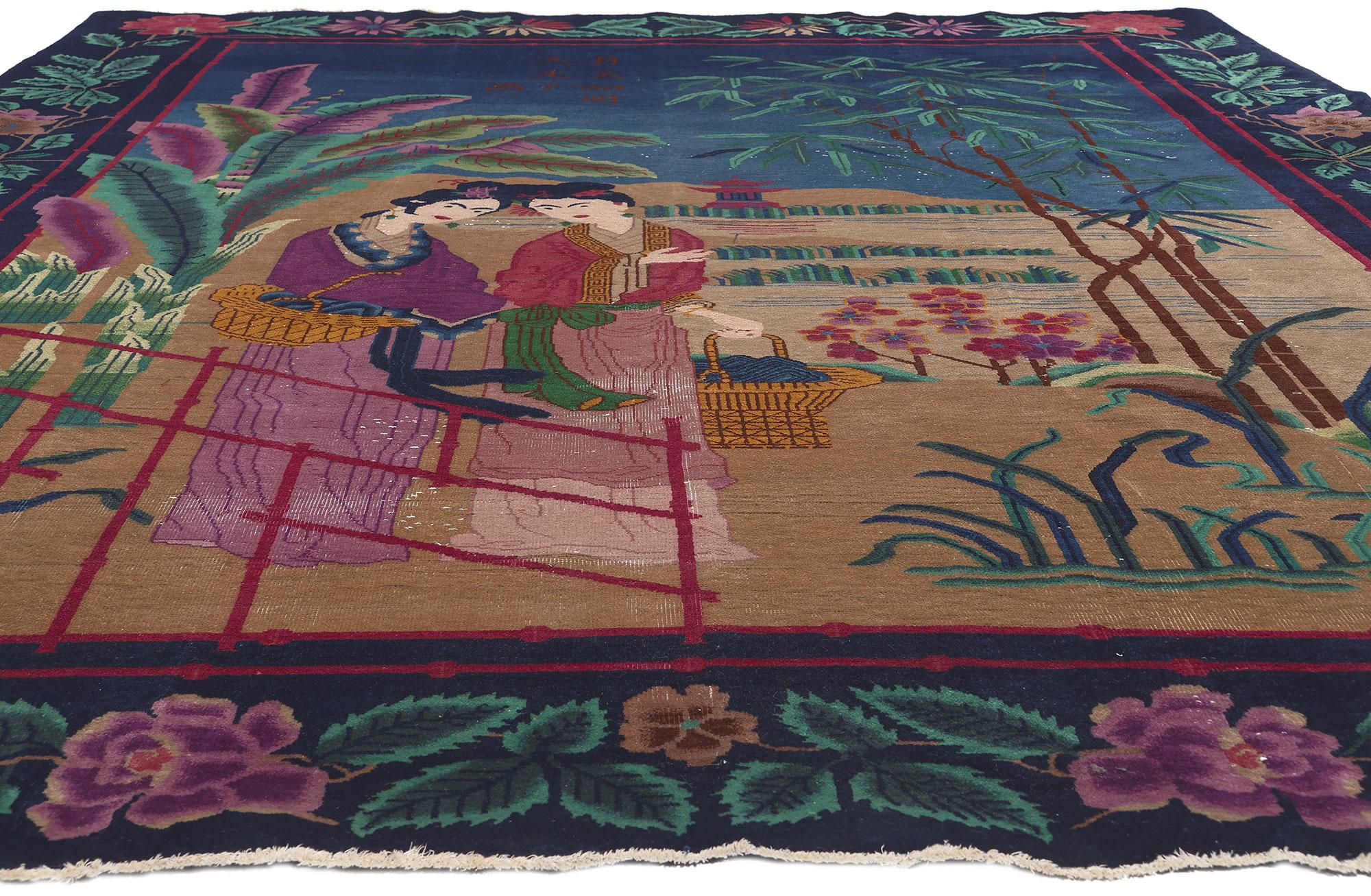 Hand-Knotted Antique Chinese Art Deco Rug, Eternal Life Meets Maximalist Style For Sale