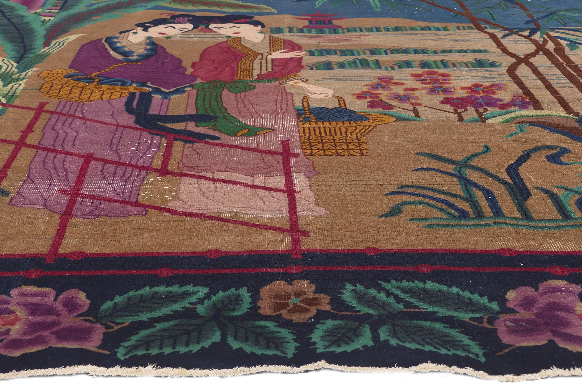 Antique Chinese Art Deco Rug, Eternal Life Meets Maximalist Style In Good Condition For Sale In Dallas, TX