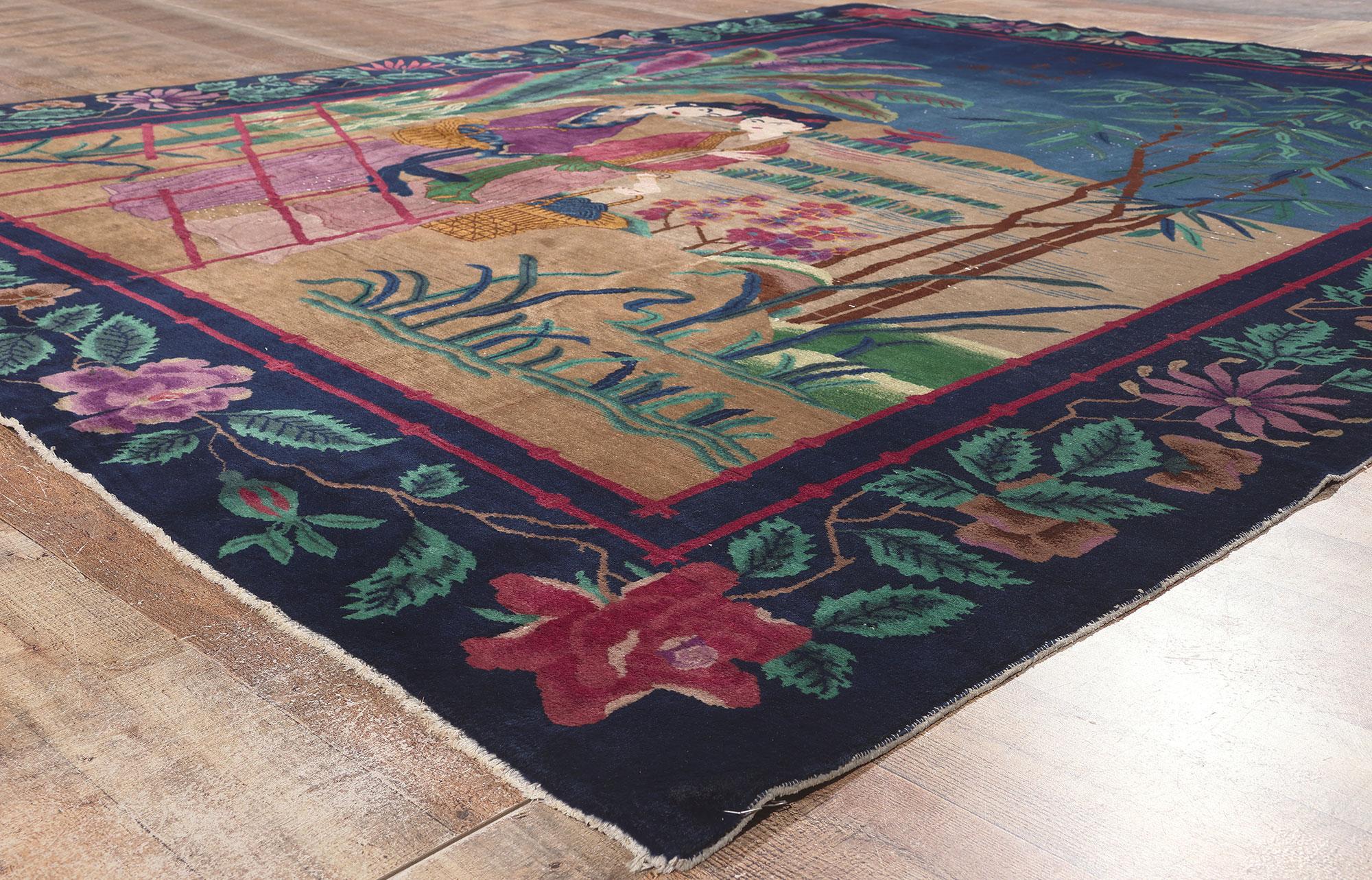 Antique Chinese Art Deco Rug, Eternal Life Meets Maximalist Style For Sale 1