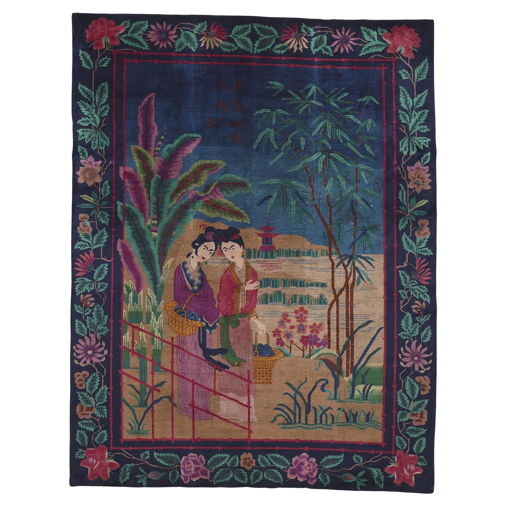 Tapis Art Déco chinois ancien, vie éternelle et style maximum