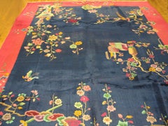 1920s Red and Blue Antique Chinese Art Deco Hand Knotted Rug 9'3" x 11'8"