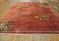Wonderful Orange Color & Delicate 2 Flower Bouquets Antique Chinese Art Deco Rug