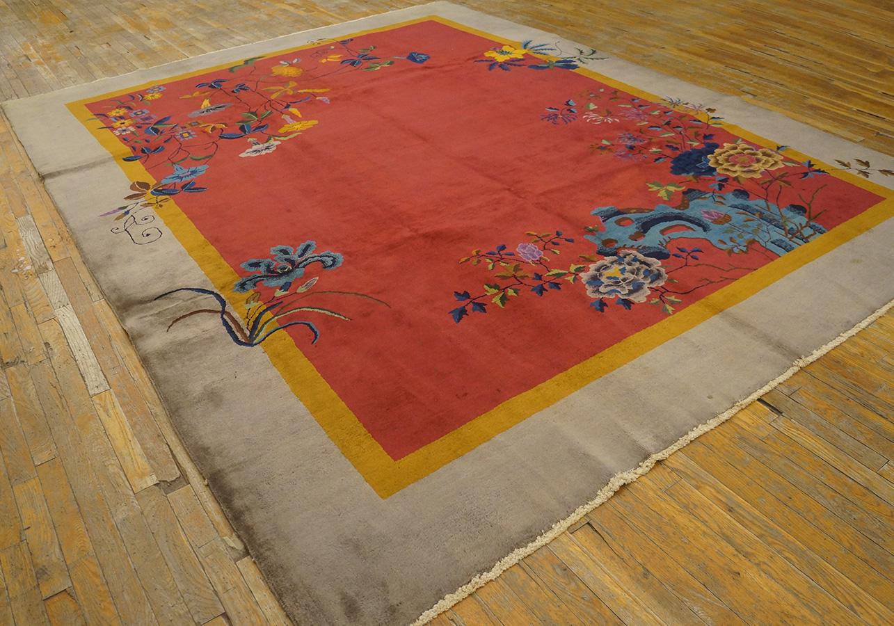 Antiker chinesischer Art-Déco-Teppich mit floralem Muster, Größe: 9'0