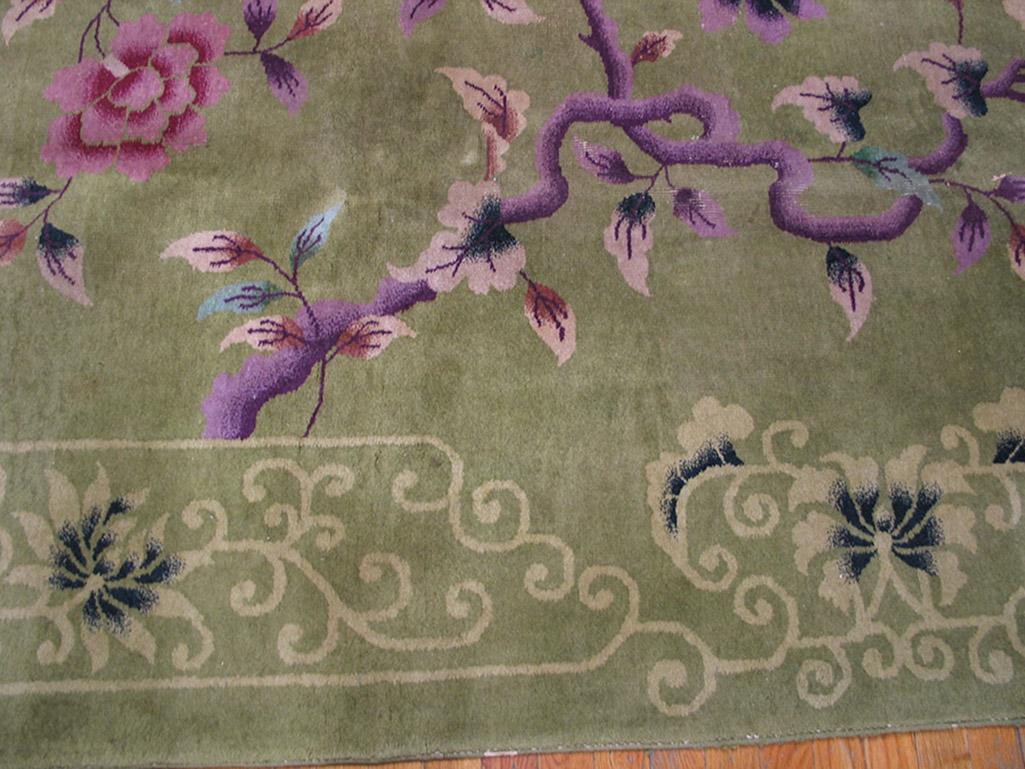 Antique Chinese Art Deco rug with green color background, size 8'10
