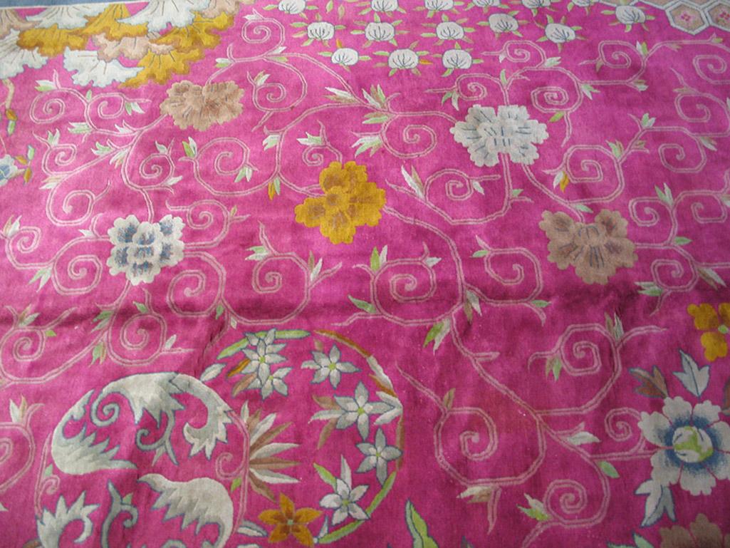 Antique Chinese Art Deco rug with a pink color background, size 10'0