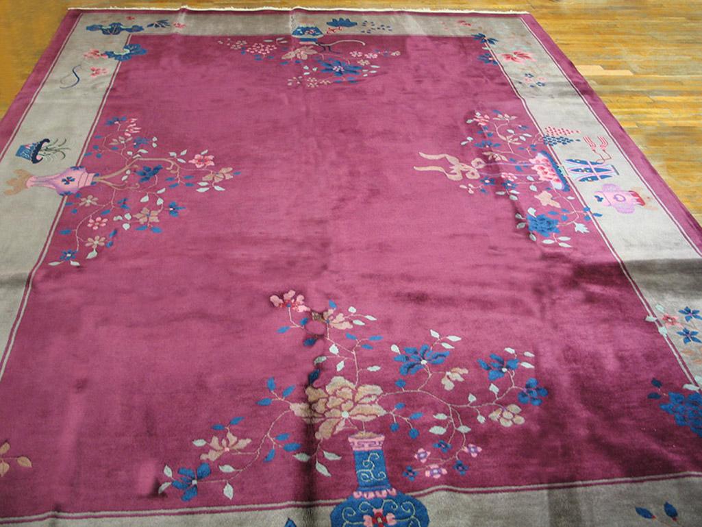 Antique Chinese Art Deco rug with purple color and 8' 6