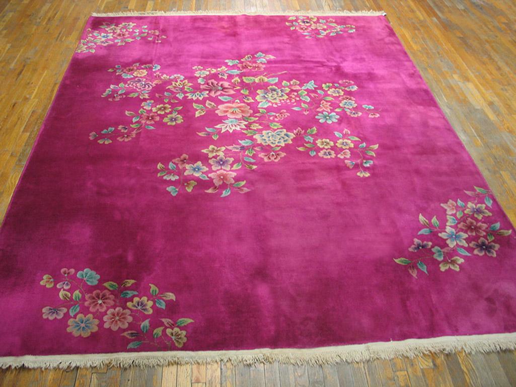 Antique Chinese Art Deco rug with Fuschia color and 8' 9'' x 11' 2'' size.