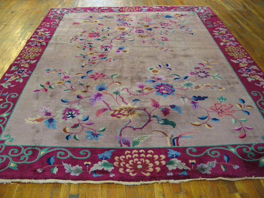 Antique Chinese Art Deco rug with grey color and 8'10” x 11'8”.