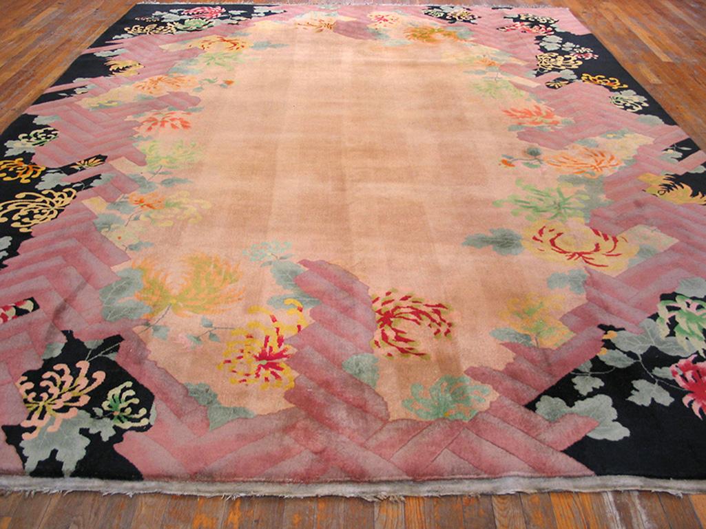 Antique Chinese Art Deco rug with tan color, measures: 9' 0'' x 11' 8''.