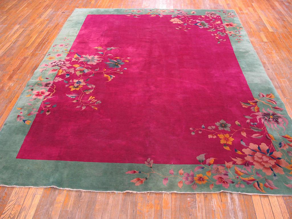 Antique Chinese Art Deco rug with pink color. Measures: 8'9