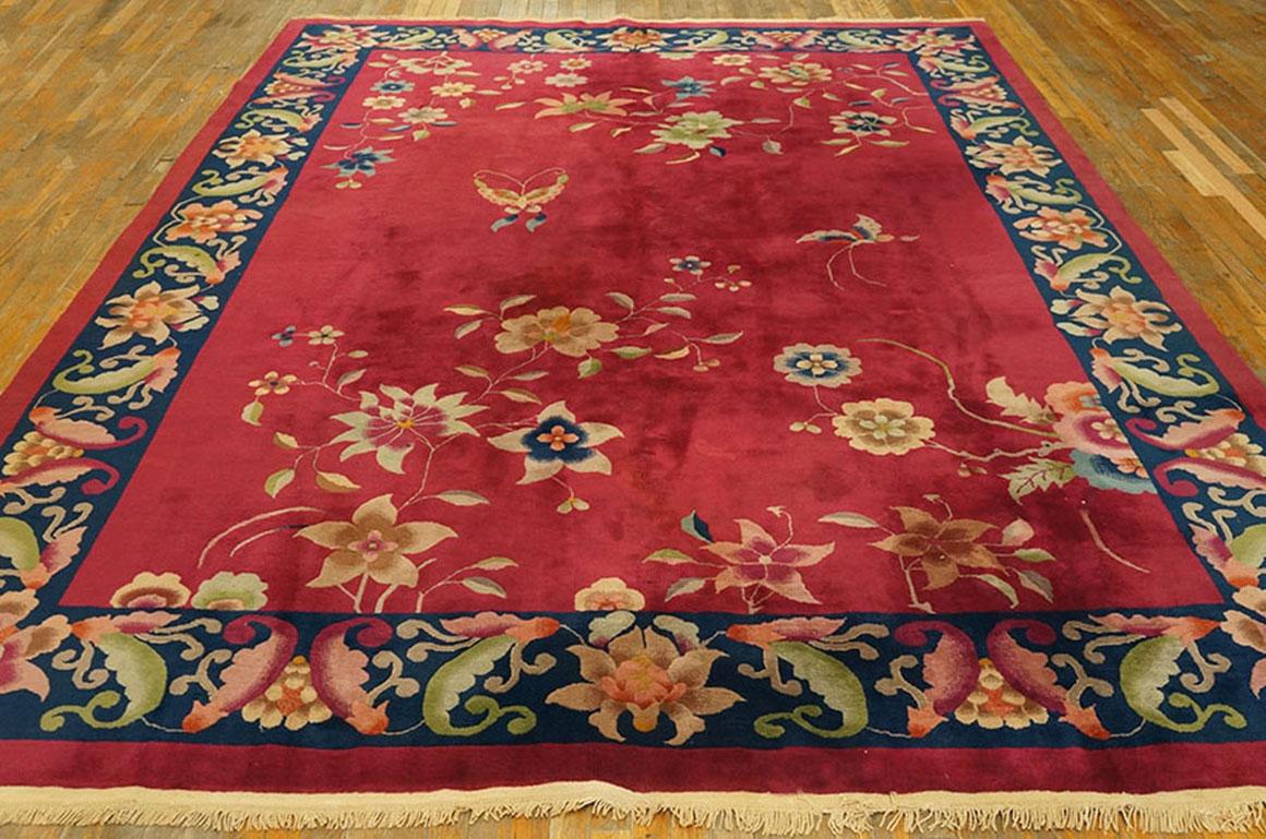 Antique Chinese Art Deco rug with fuchsia color and 9'0