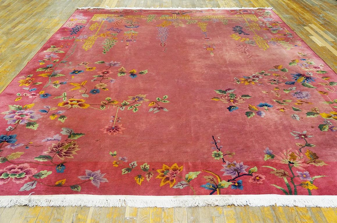 Antique Chinese Art Deco rug with pink color and 8'10