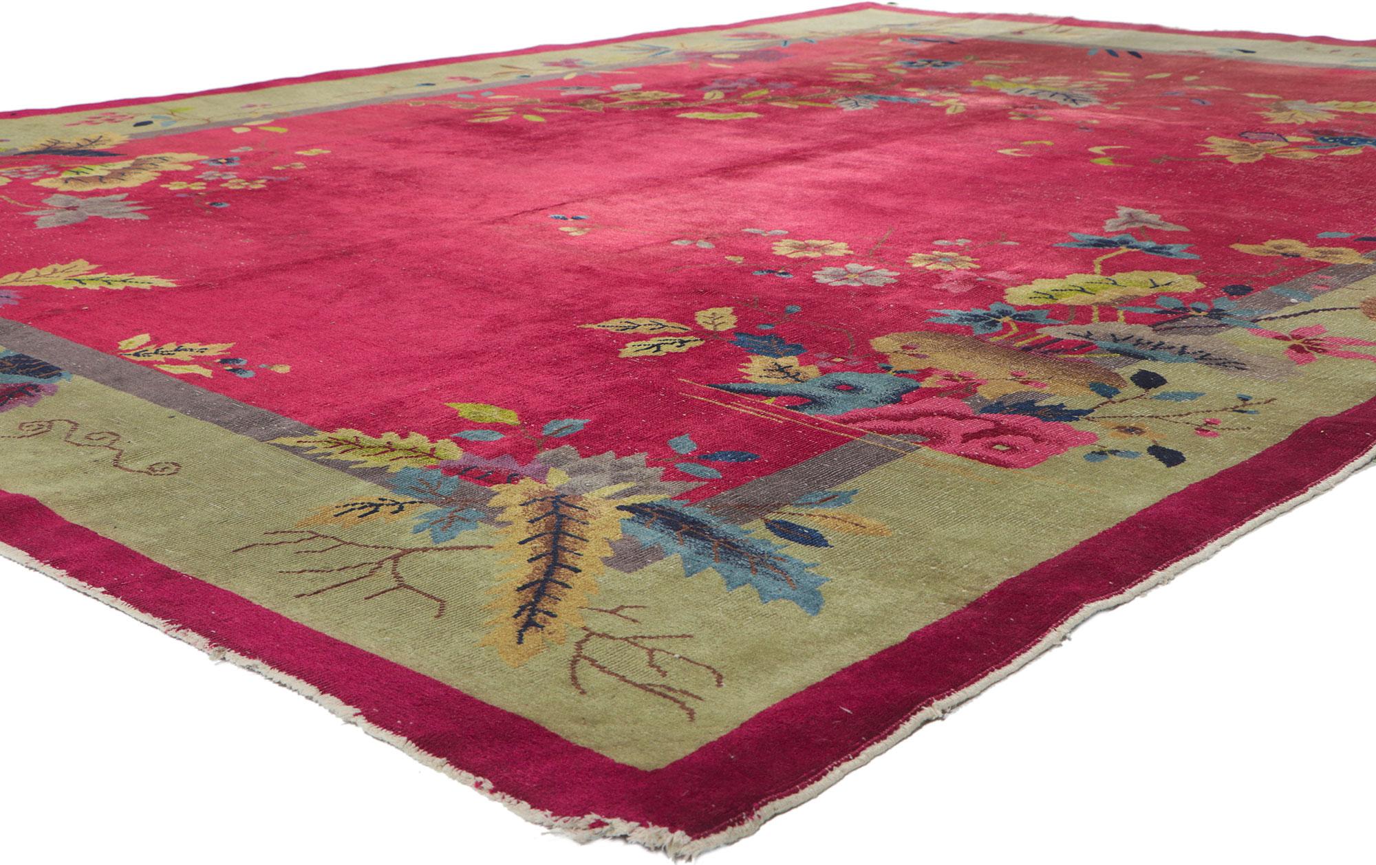78317 Antique Chinese Art Deco Rug, 09'00 x 11'09. This hand knotted wool antique Chinese Art Deco rug features a color-blocked field and border scheme festooned with large, glorious sprays of flowers. Lotuses, peonies, chrysanthemums, and plum
