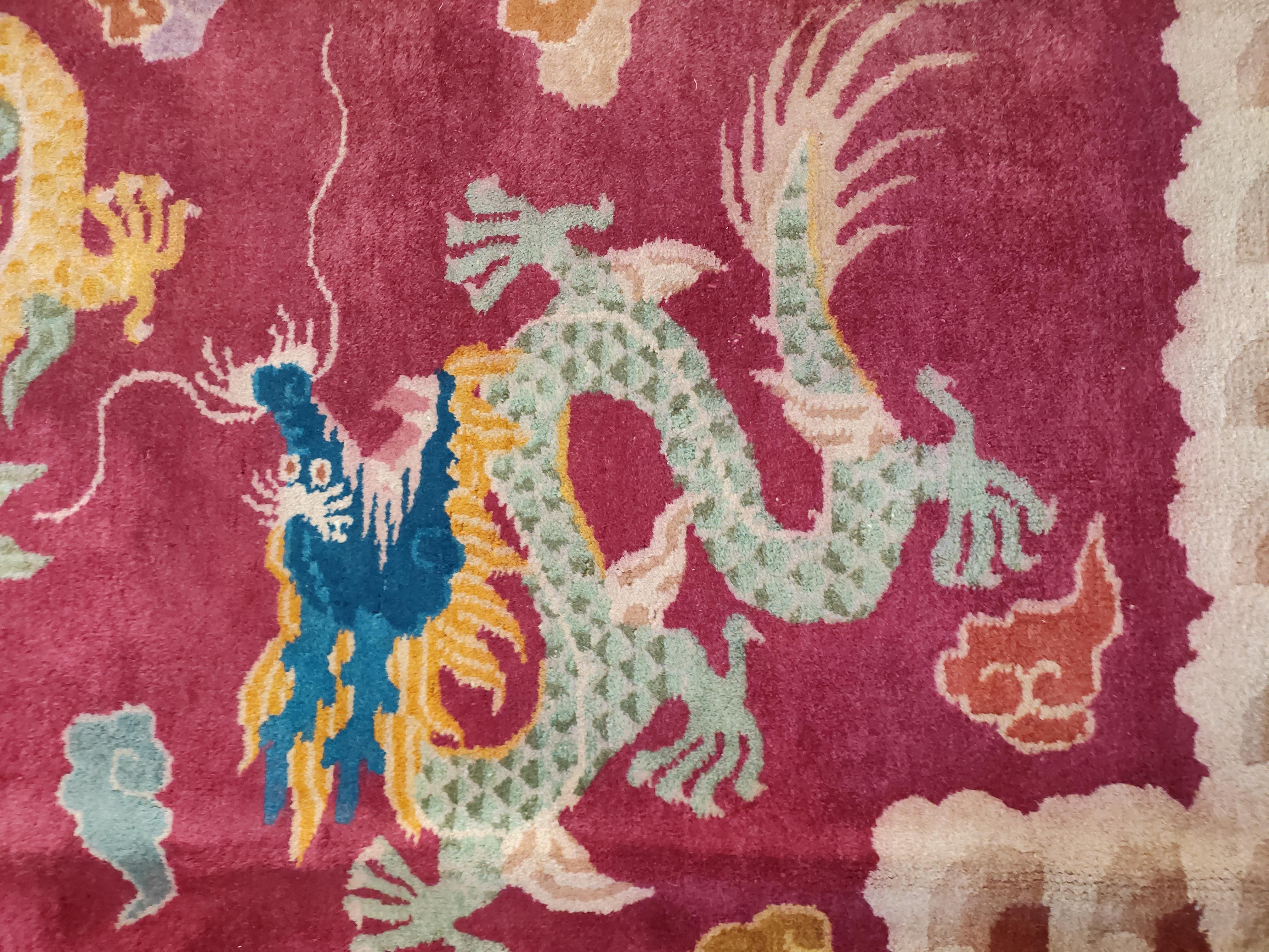 Hand-Knotted 1920s Chinese Art Deco Dragon Carpet ( 8'8