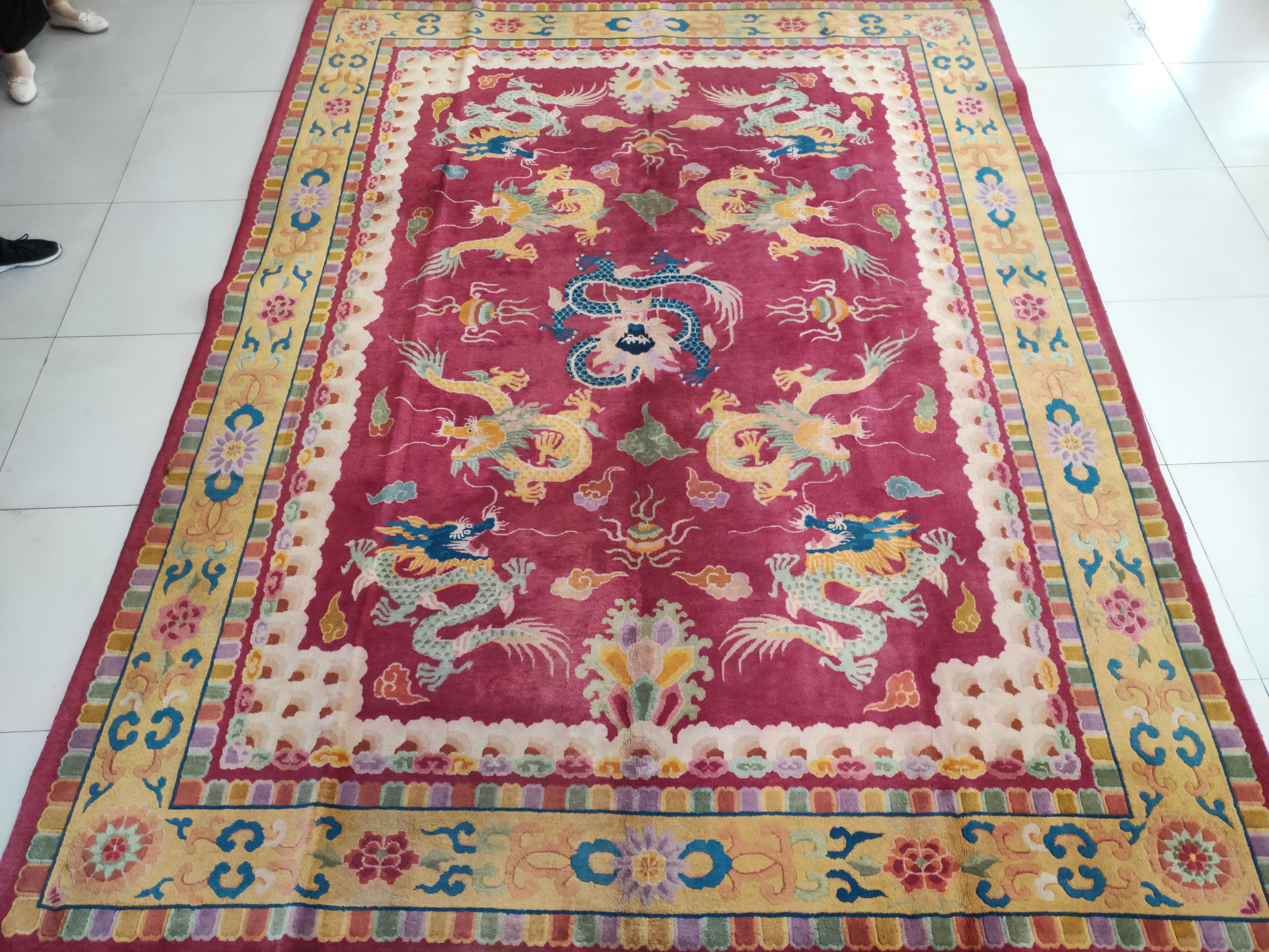 Early 20th Century 1920s Chinese Art Deco Dragon Carpet ( 8'8