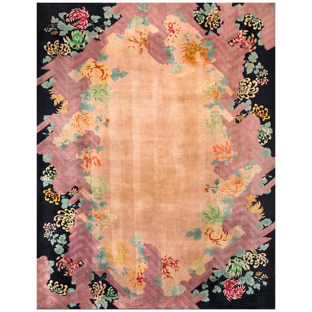Deco Design Rug 1920s Antique Apricot Floral Open Field Medallion Chinese Art Deco ...