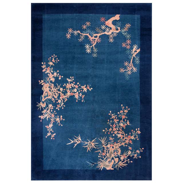 Deco Design Rug 1930s Royal Blue Solid Floral Modernist Antique Chinese Art Deco ...