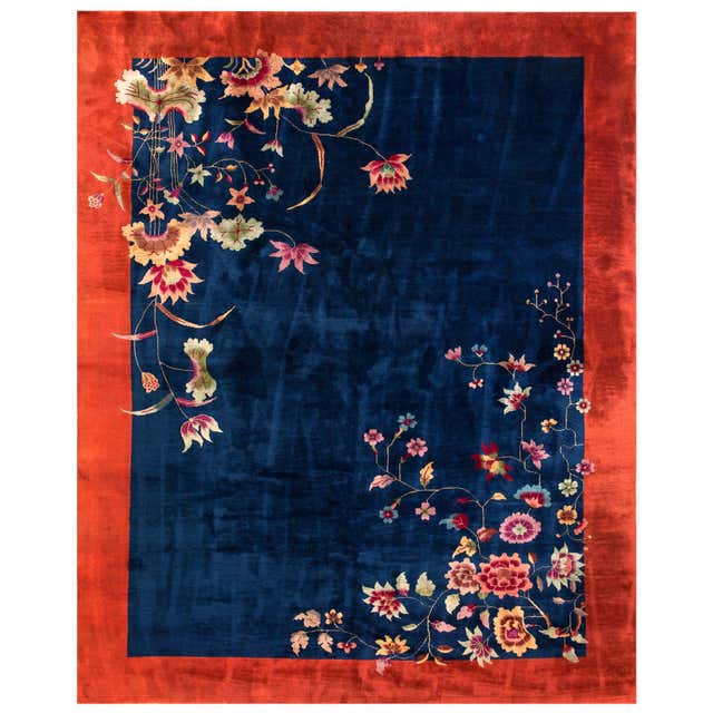 Deco Design Rug 1930s Royal Blue Solid Floral Modernist Antique Chinese Art Deco ...