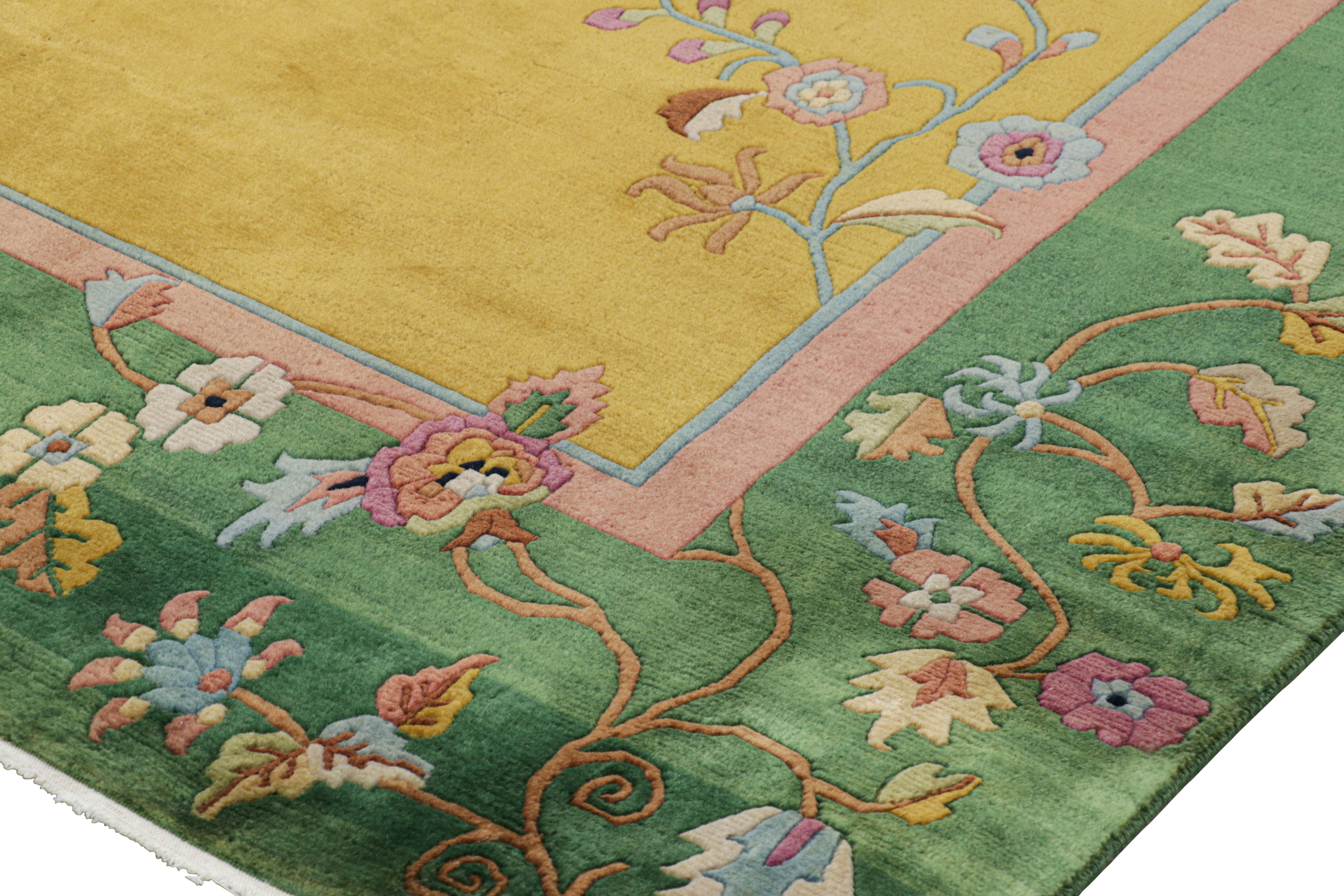Hand-Knotted Antique Chinese Art Deco Rug, Gold and Green with Floral Patterns - Rug & Kilim For Sale