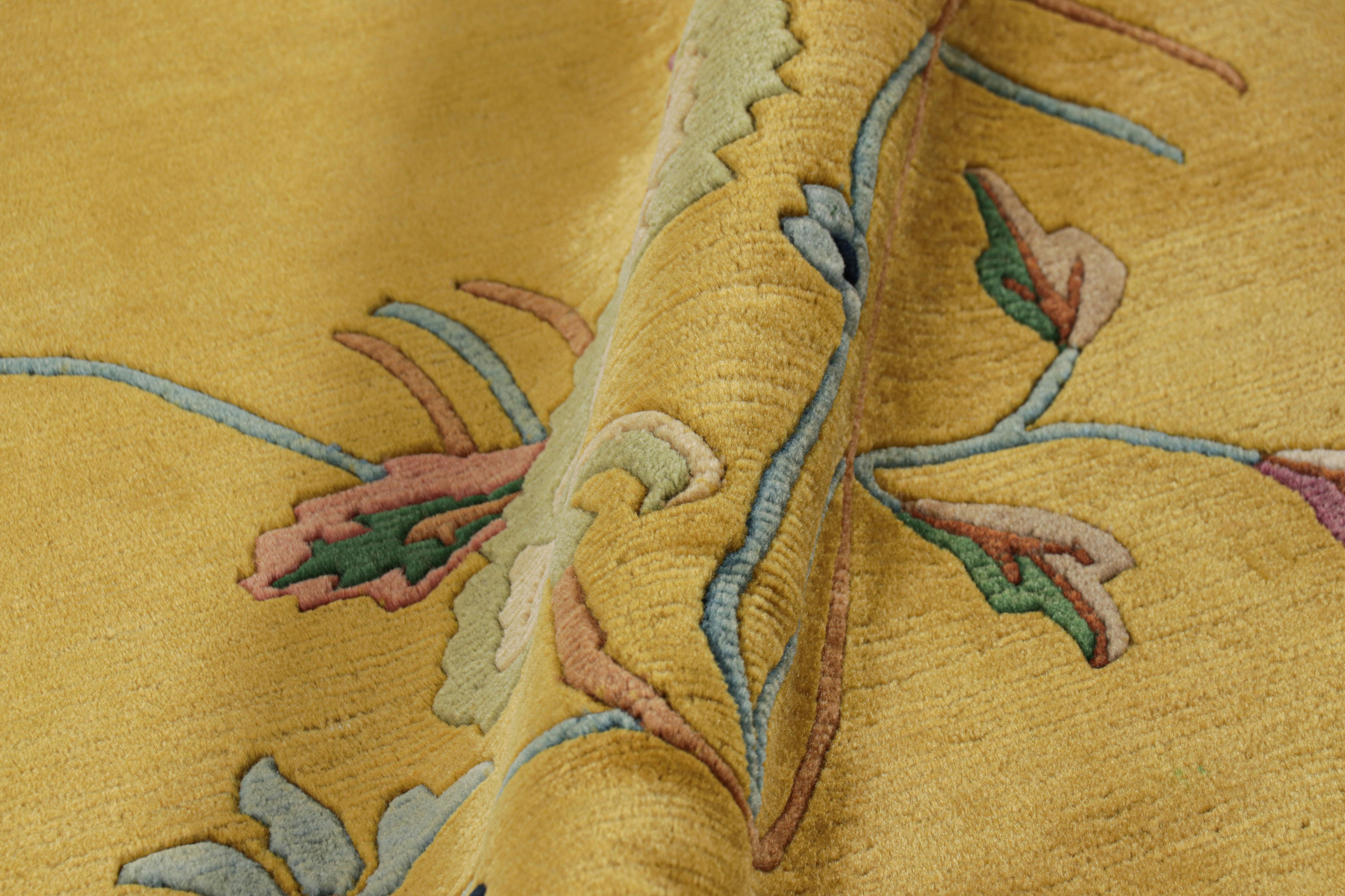 Wool Antique Chinese Art Deco Rug, Gold and Green with Floral Patterns - Rug & Kilim For Sale