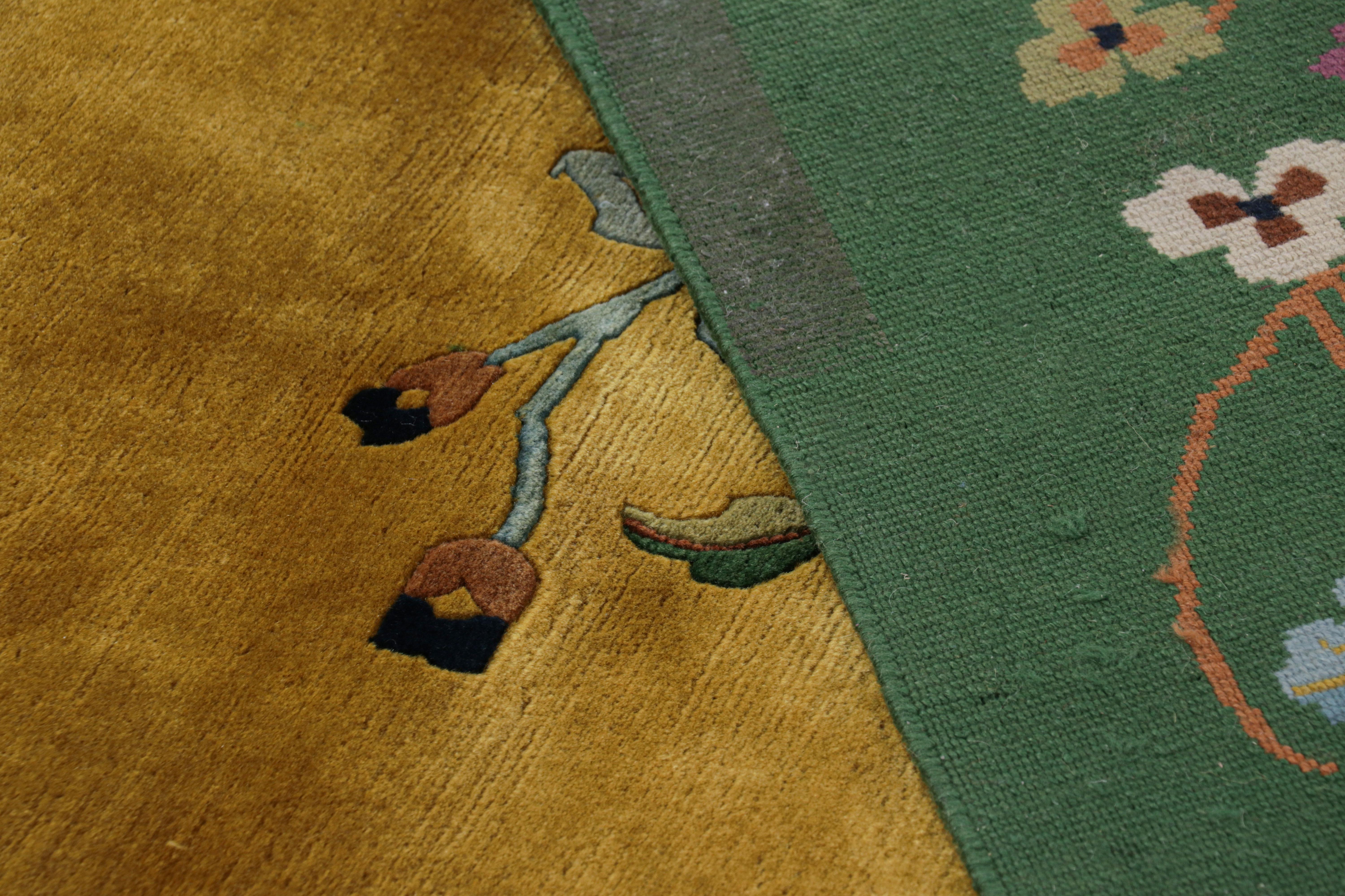 Antique Chinese Art Deco Rug, Gold and Green with Floral Patterns - Rug & Kilim For Sale 1