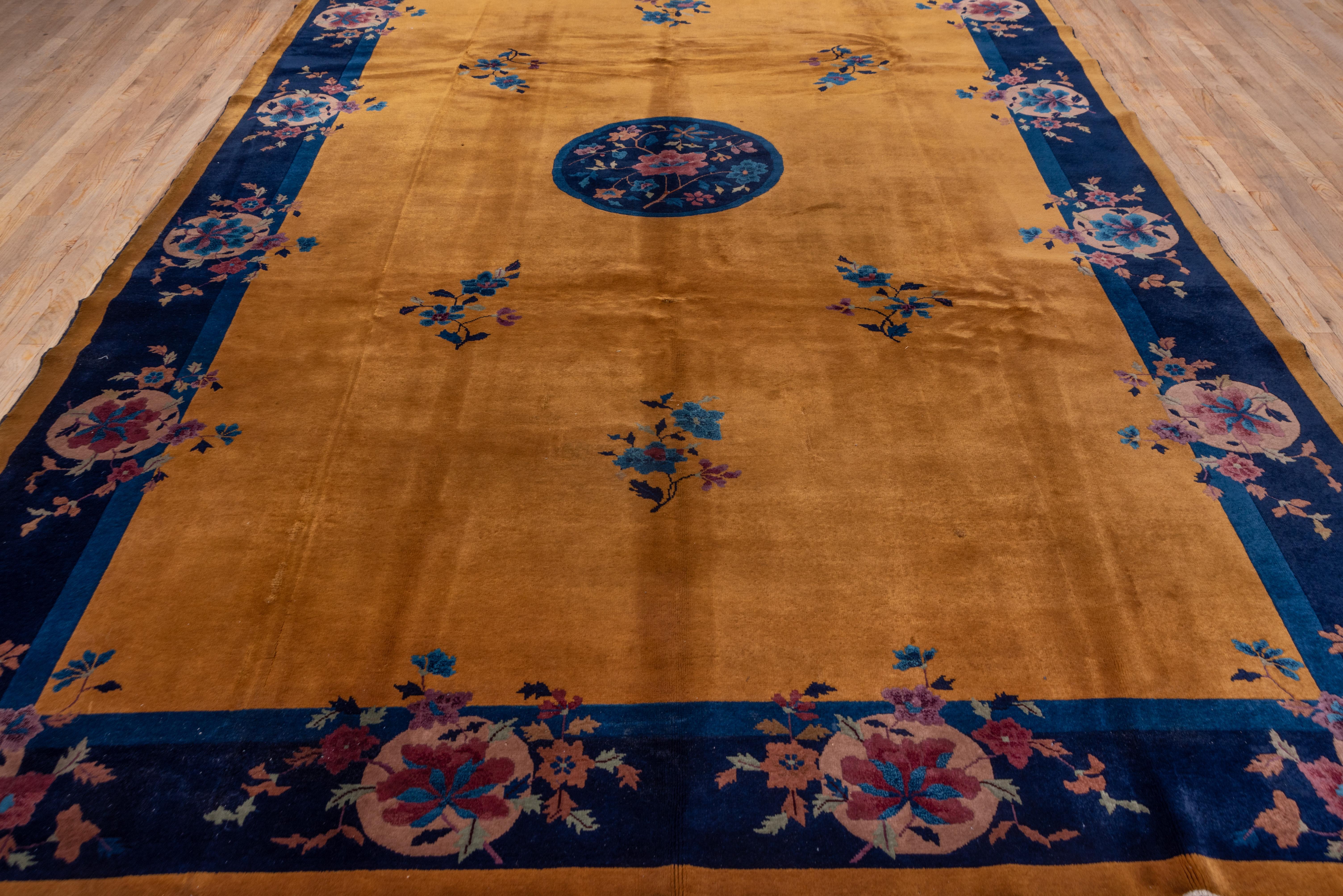 Hand-Knotted Antique Chinese Art Deco Rug, Gold Field, Blue Borders, circa 1920s For Sale