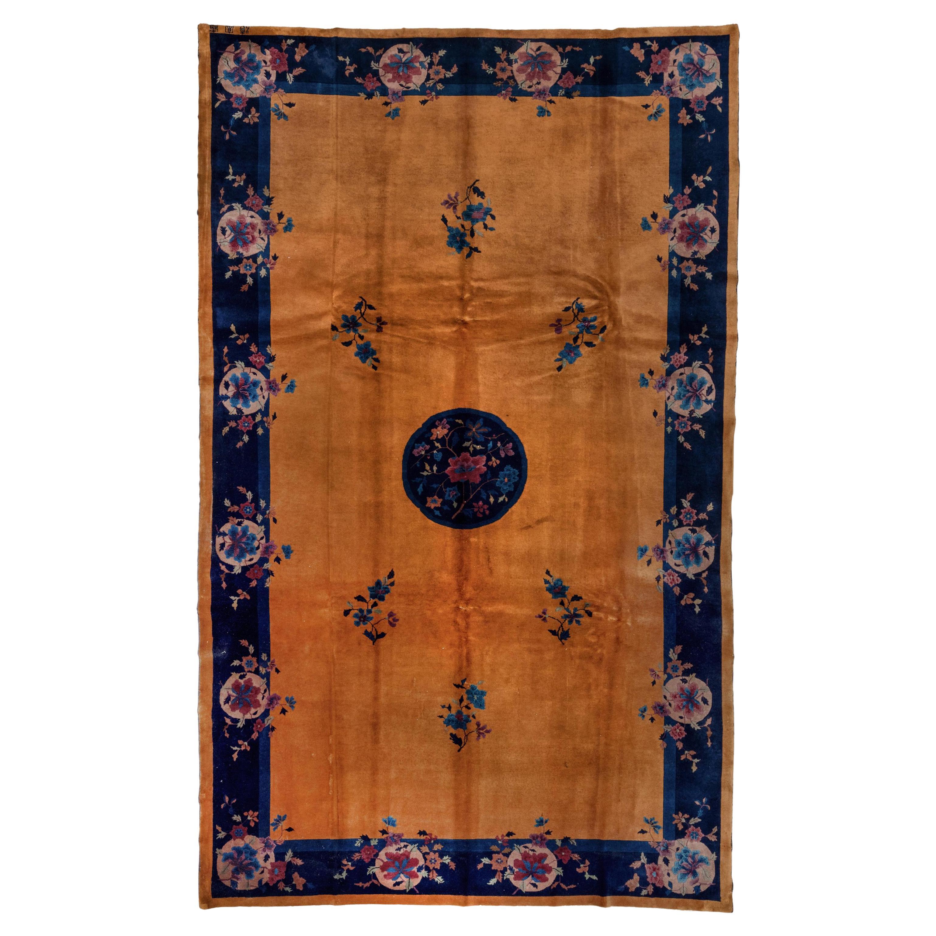 Antique Chinese Art Deco Rug, Gold Field, Blue Borders, circa 1920s For Sale