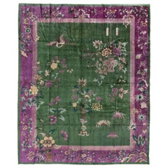 Antique Chinese Art Deco Rug, Green Field, Purple Borders, Vase Design