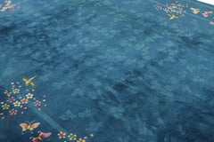 Antique Chinese Art Deco Rug in Blue with Floral Patterns, from Rug & Kilim