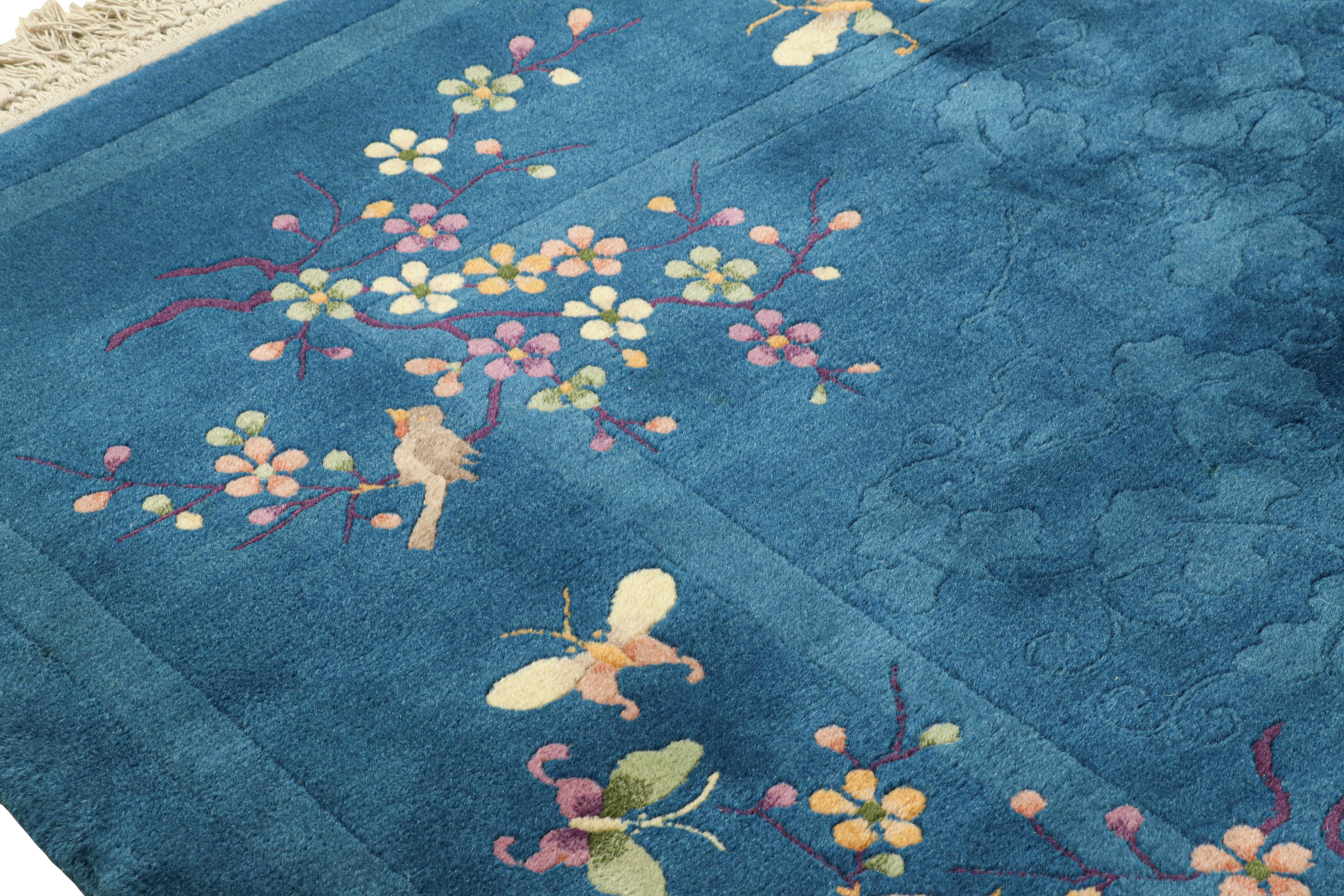 Tribal Antique Chinese Art Deco Rug in Blue with Floral Patterns, from Rug & Kilim For Sale