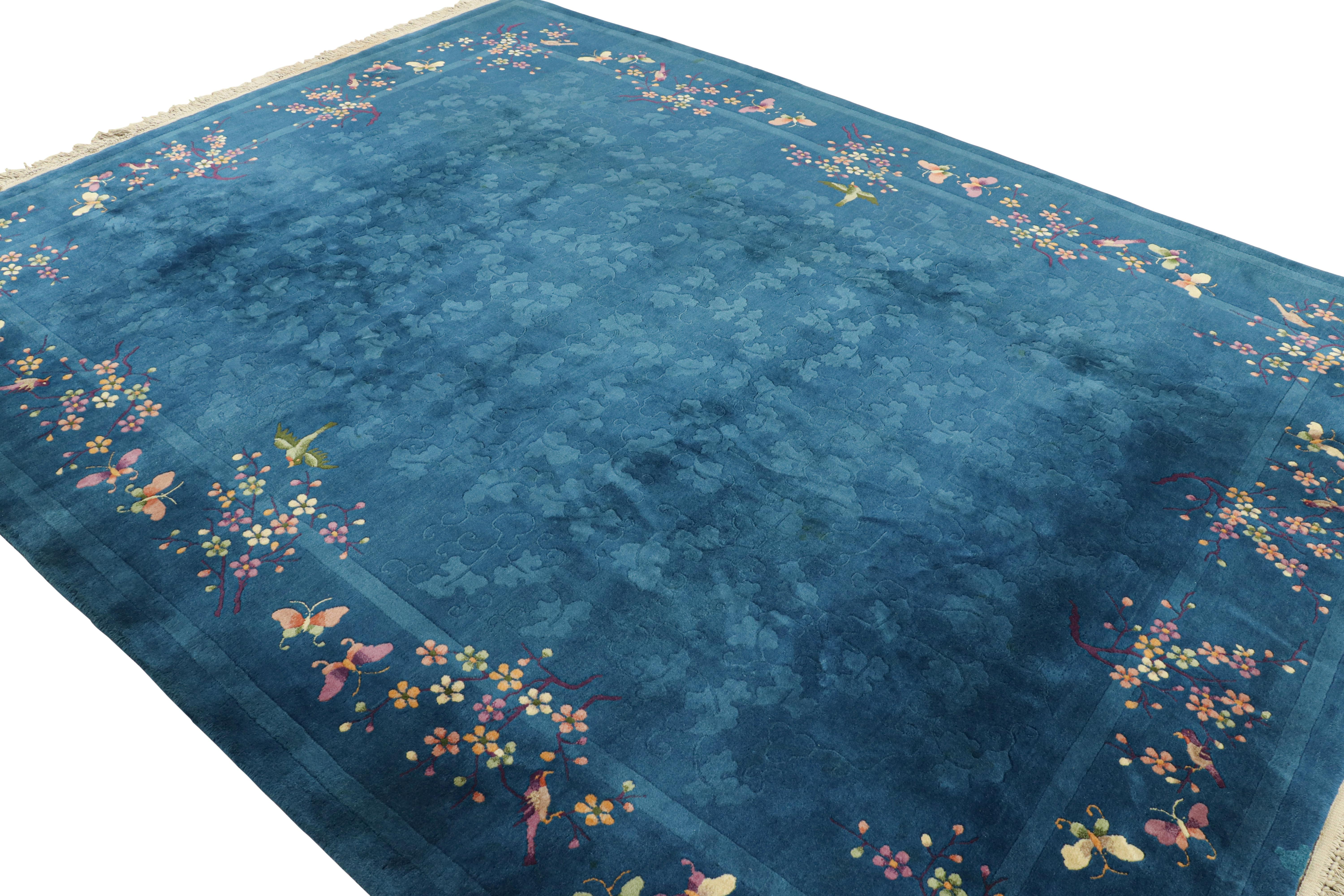 Hand-Knotted Antique Chinese Art Deco Rug in Blue with Floral Patterns, from Rug & Kilim For Sale