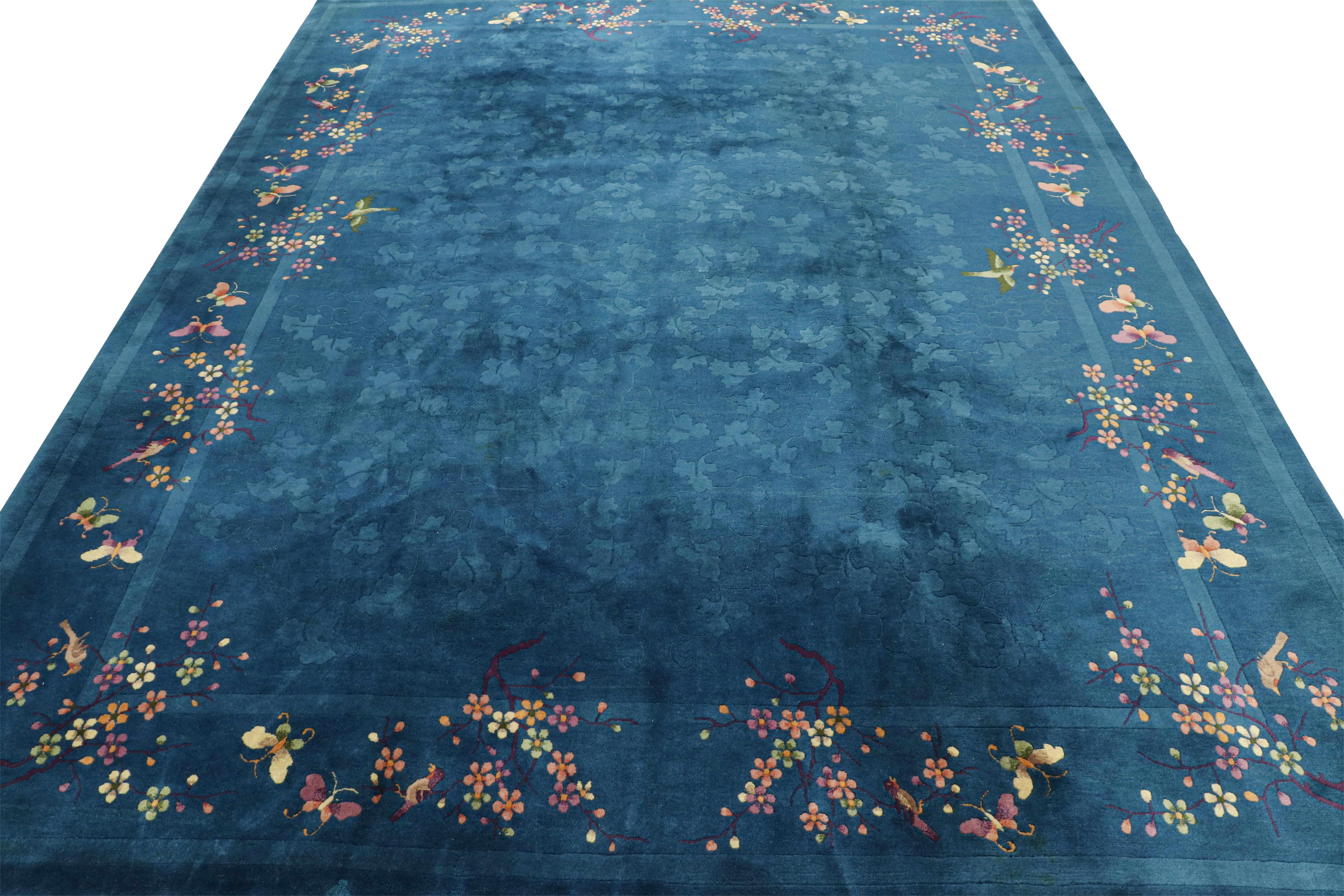 Antique Chinese Art Deco Rug in Blue with Floral Patterns, from Rug & Kilim In Good Condition For Sale In Long Island City, NY