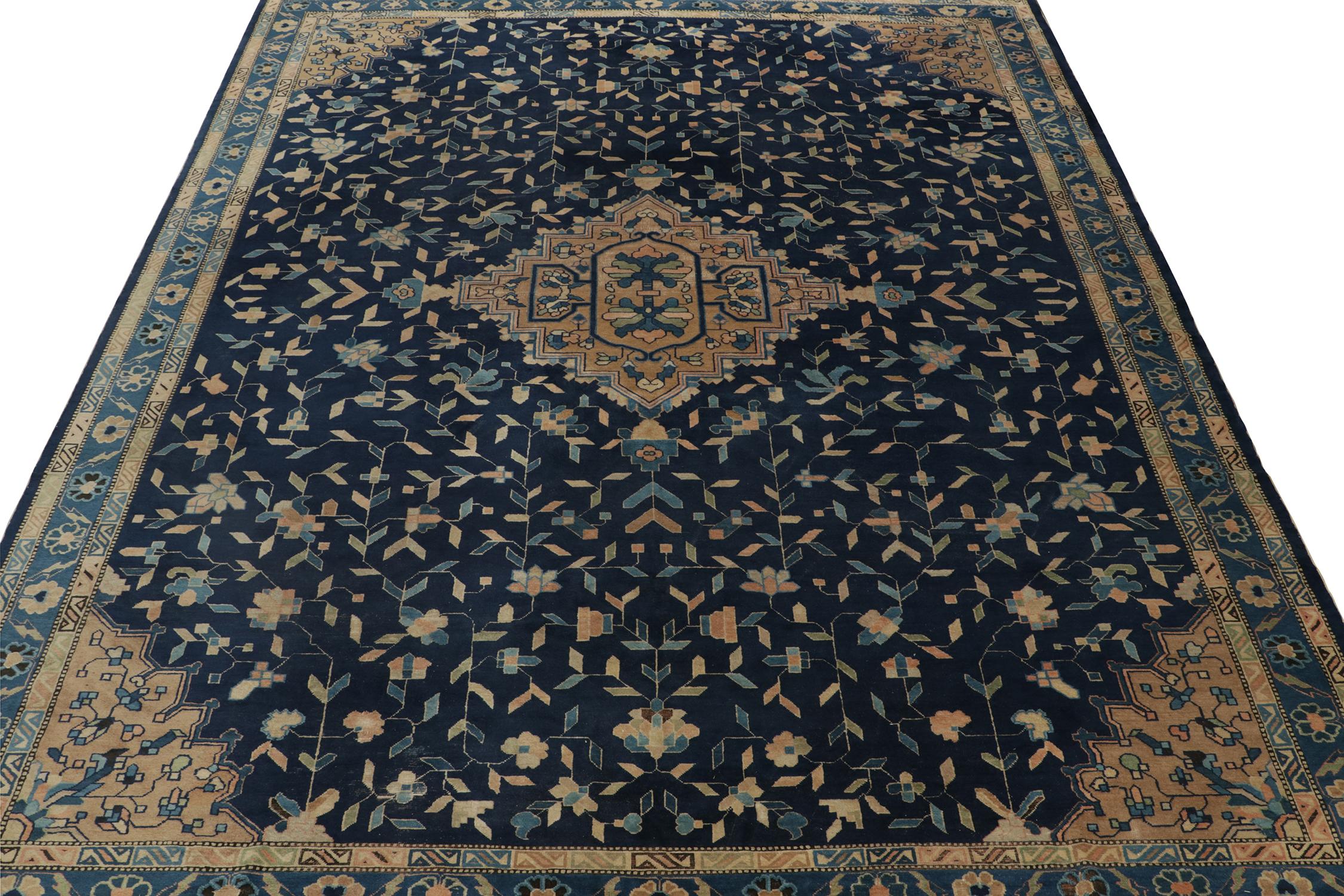 Indian Antique Chinese Art Deco Rug in Blue with Gold Medallion, by Rug & Kilim For Sale
