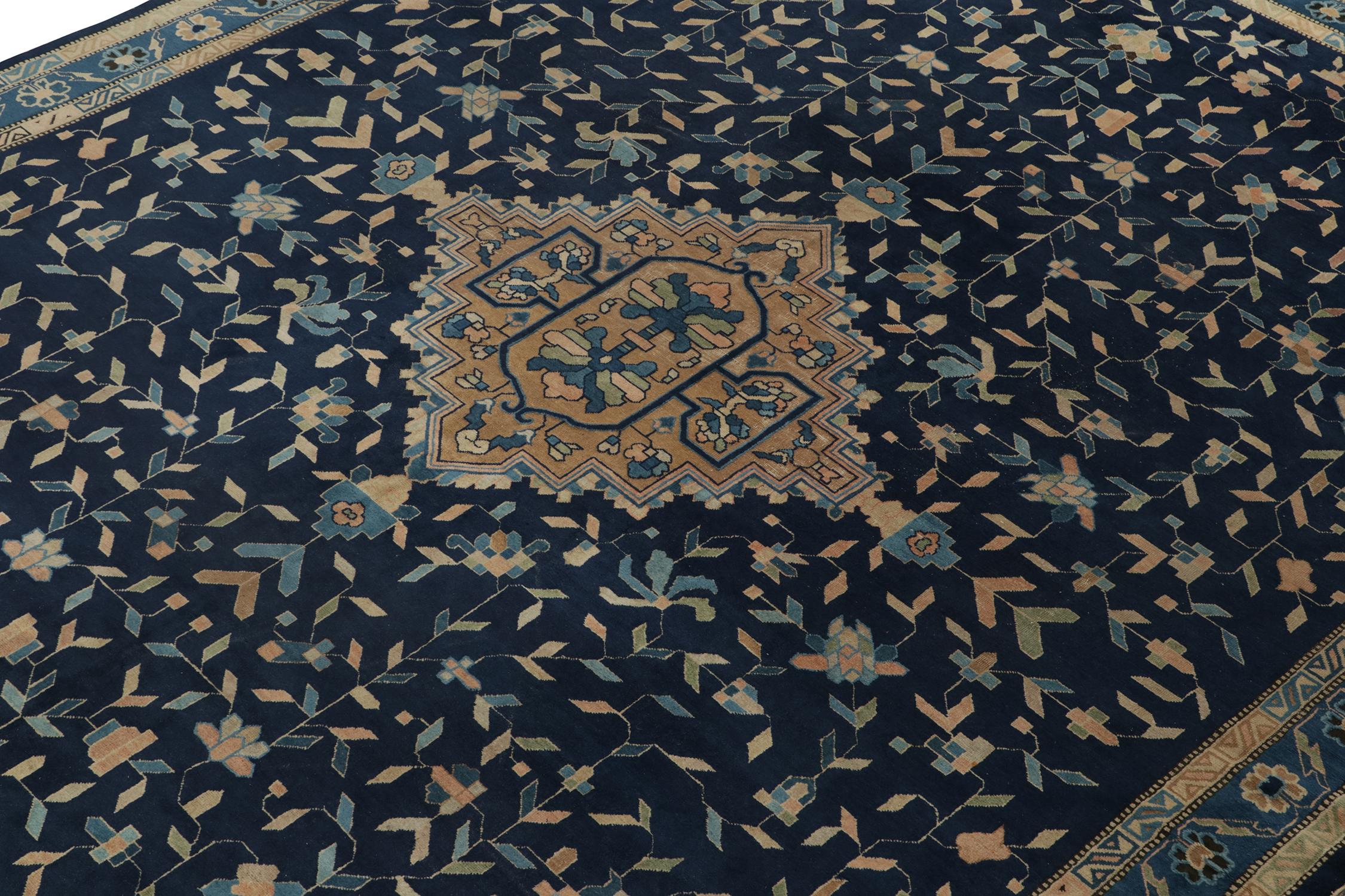 Hand-Knotted Antique Chinese Art Deco Rug in Blue with Gold Medallion, by Rug & Kilim For Sale